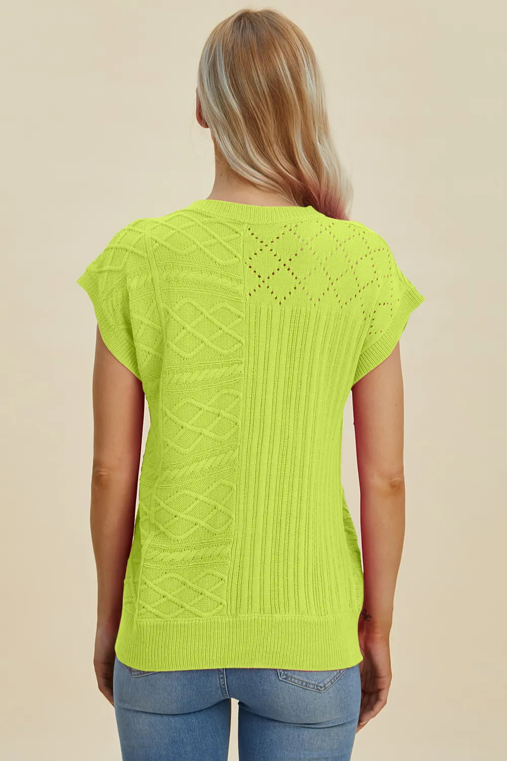 Double Take Full Size Cable-Knit Round Neck Cap Sleeve Sweater 