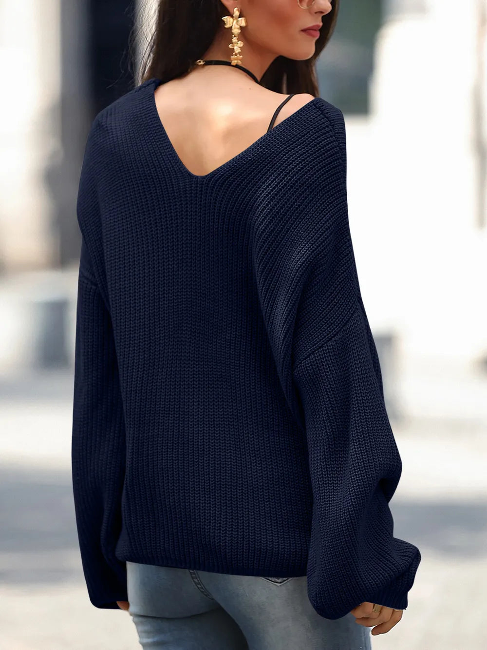 Full Size Lace Up V-Neck Long Sleeve Sweater 