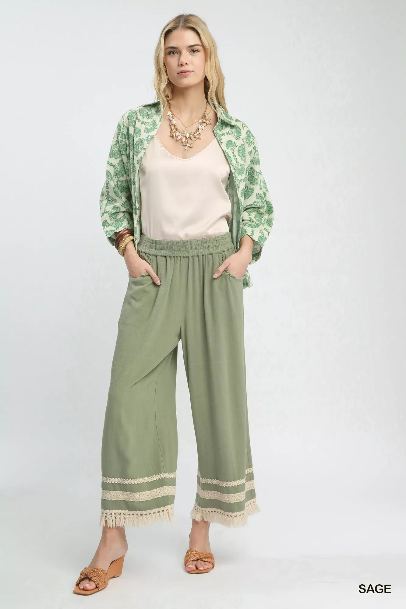 Umgee Lace Trim Fringe Hem Wide Leg Pants 