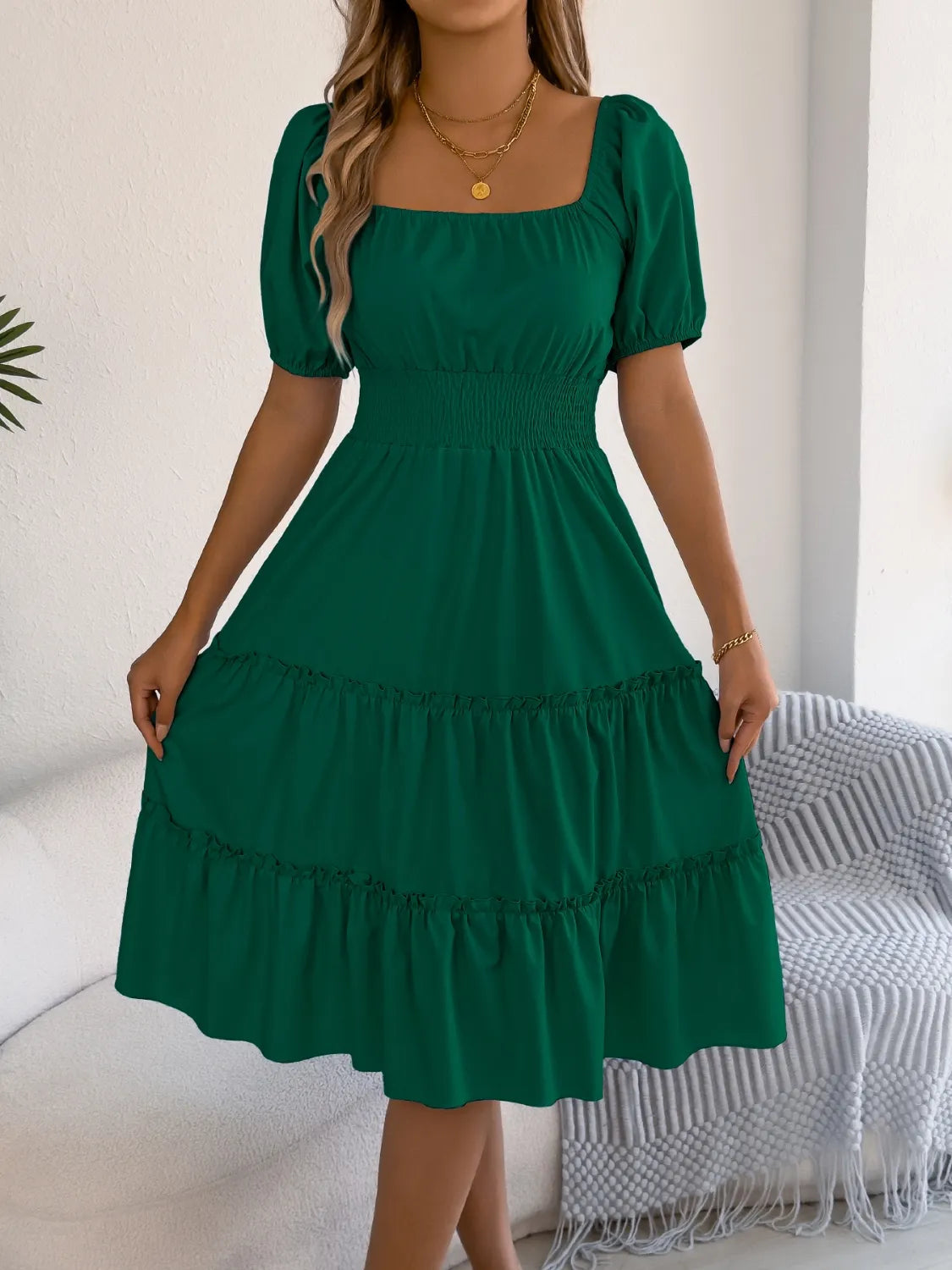 Square Neck Short Puff Sleeve Dress 