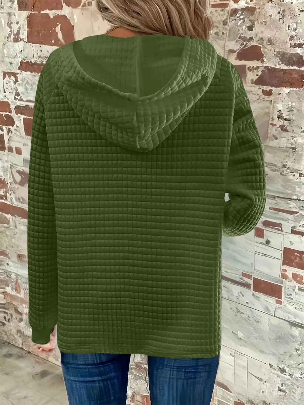 Full Size Texture Button Detail Drawstring Long Sleeve Hoodie 