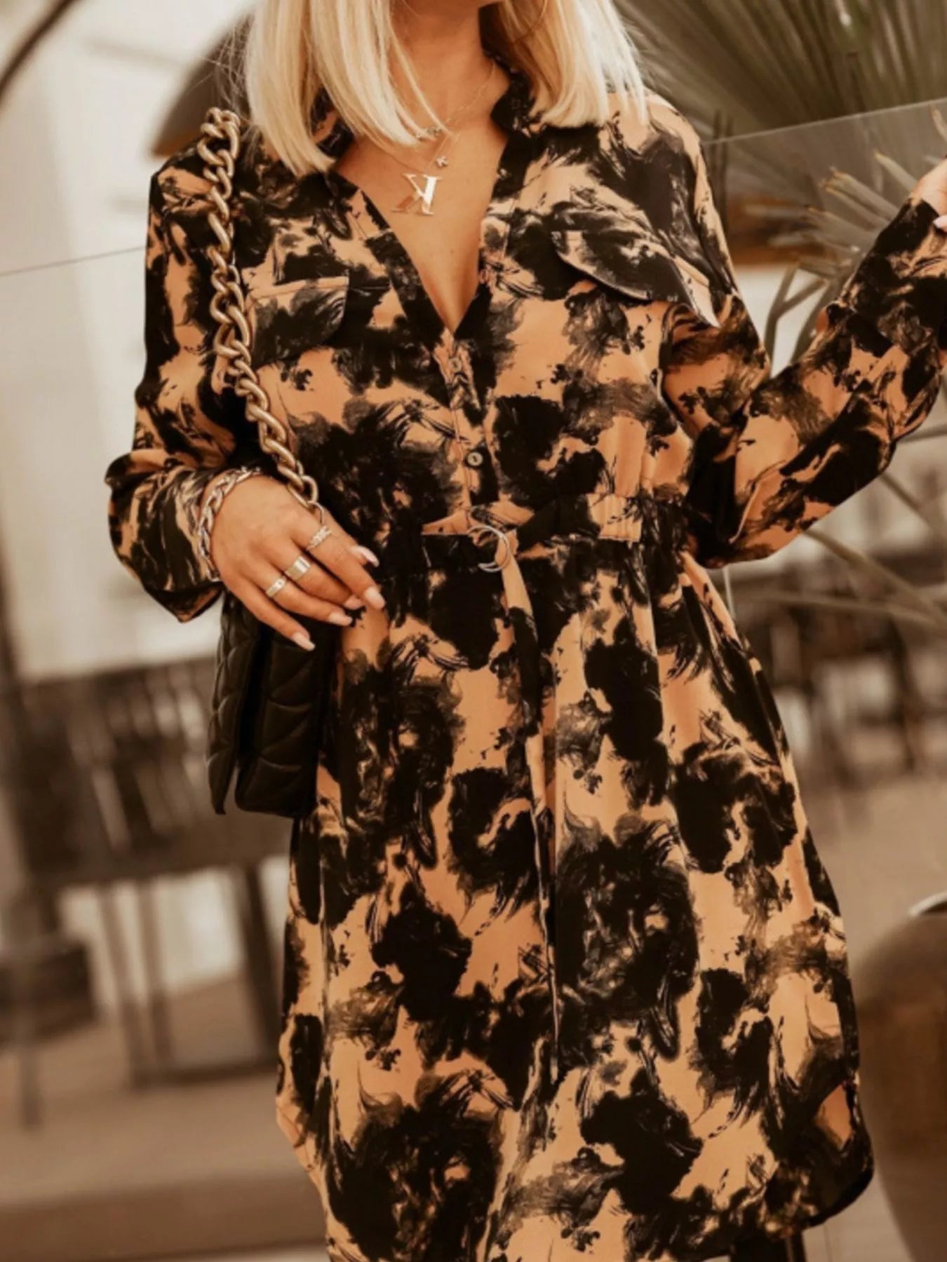 Printed Button Front Long Sleeve Dress 