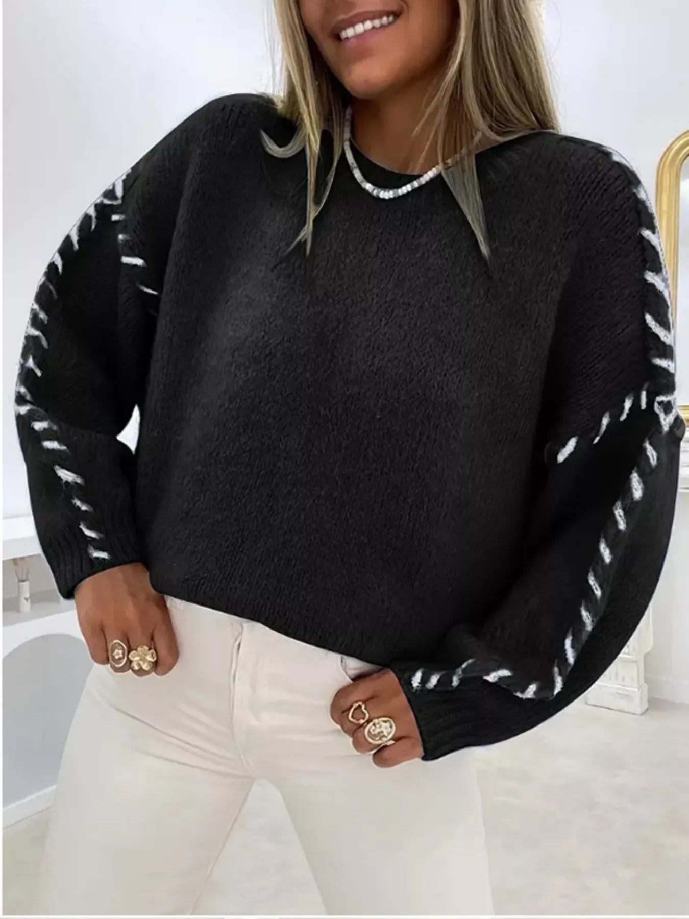 Contrast Stitching Dropped Shoulder Sweater 