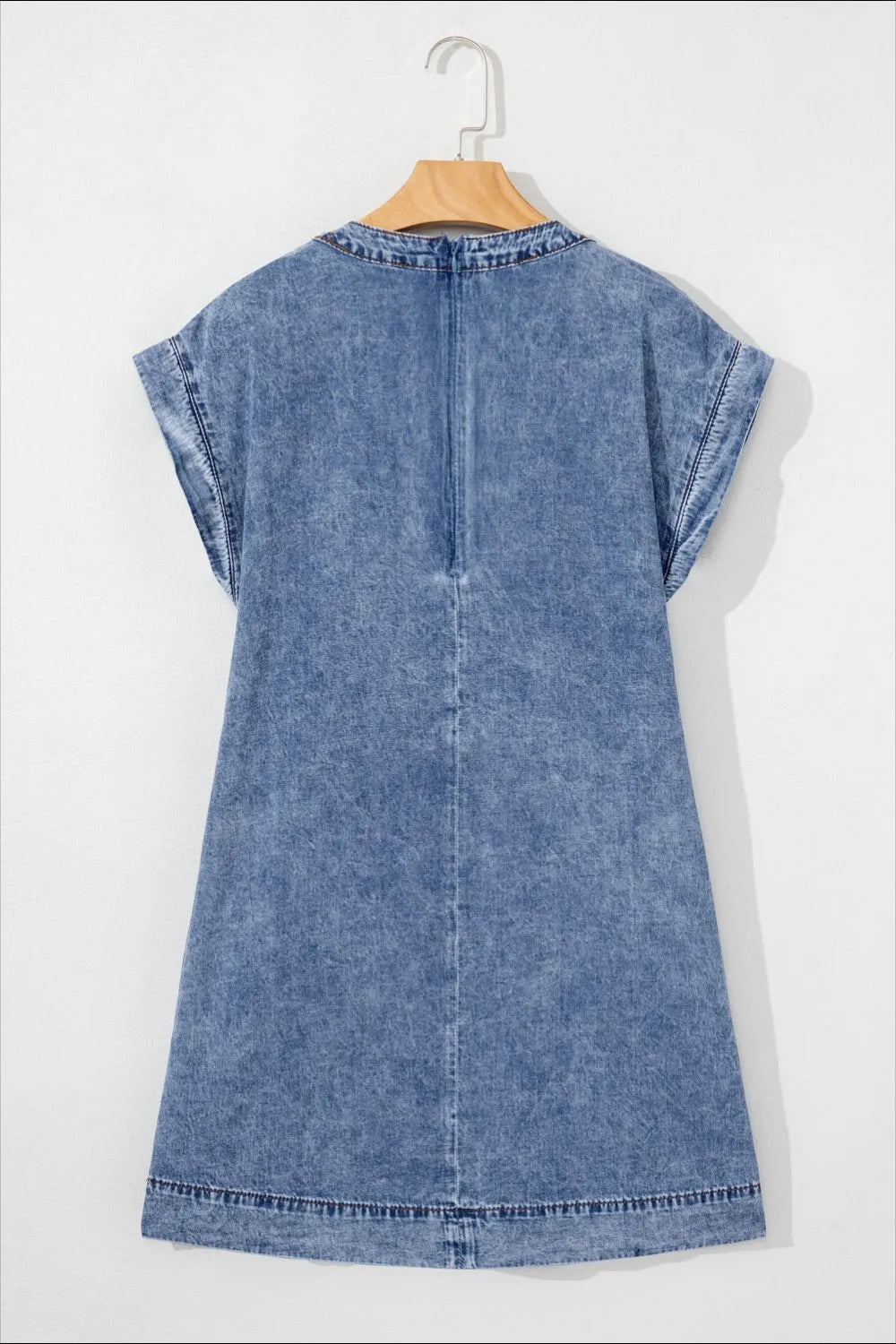 Tie V Neck Tucking Detail Short Sleeve Denim Dress 