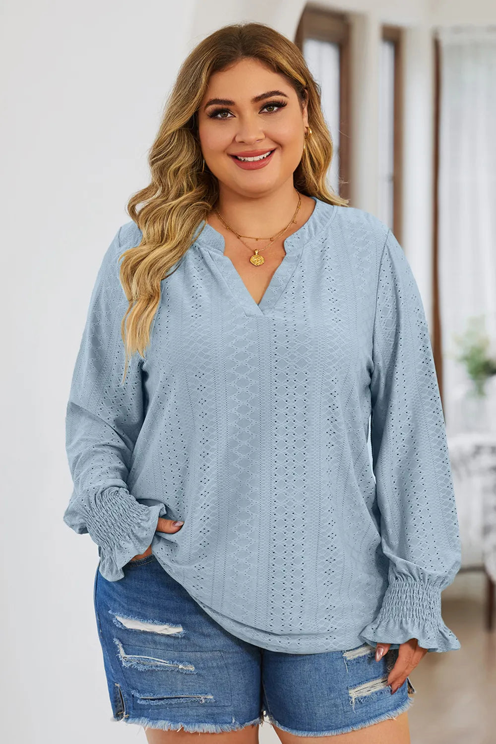 Plus Size Eyelet Notched Flounce Sleeve Blouse 