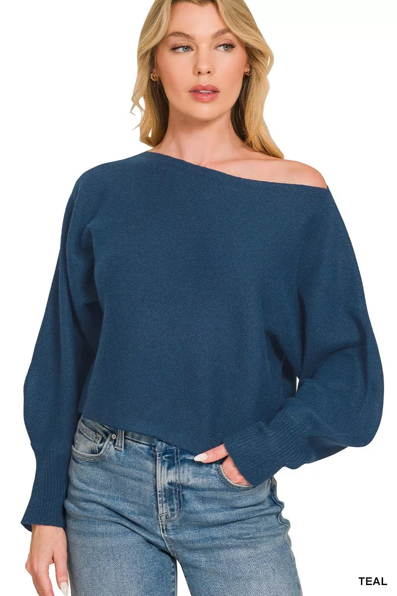 Zenana Boat Neck Balloon Sleeve Sweater 