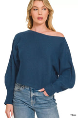 Zenana Boat Neck Balloon Sleeve Sweater 