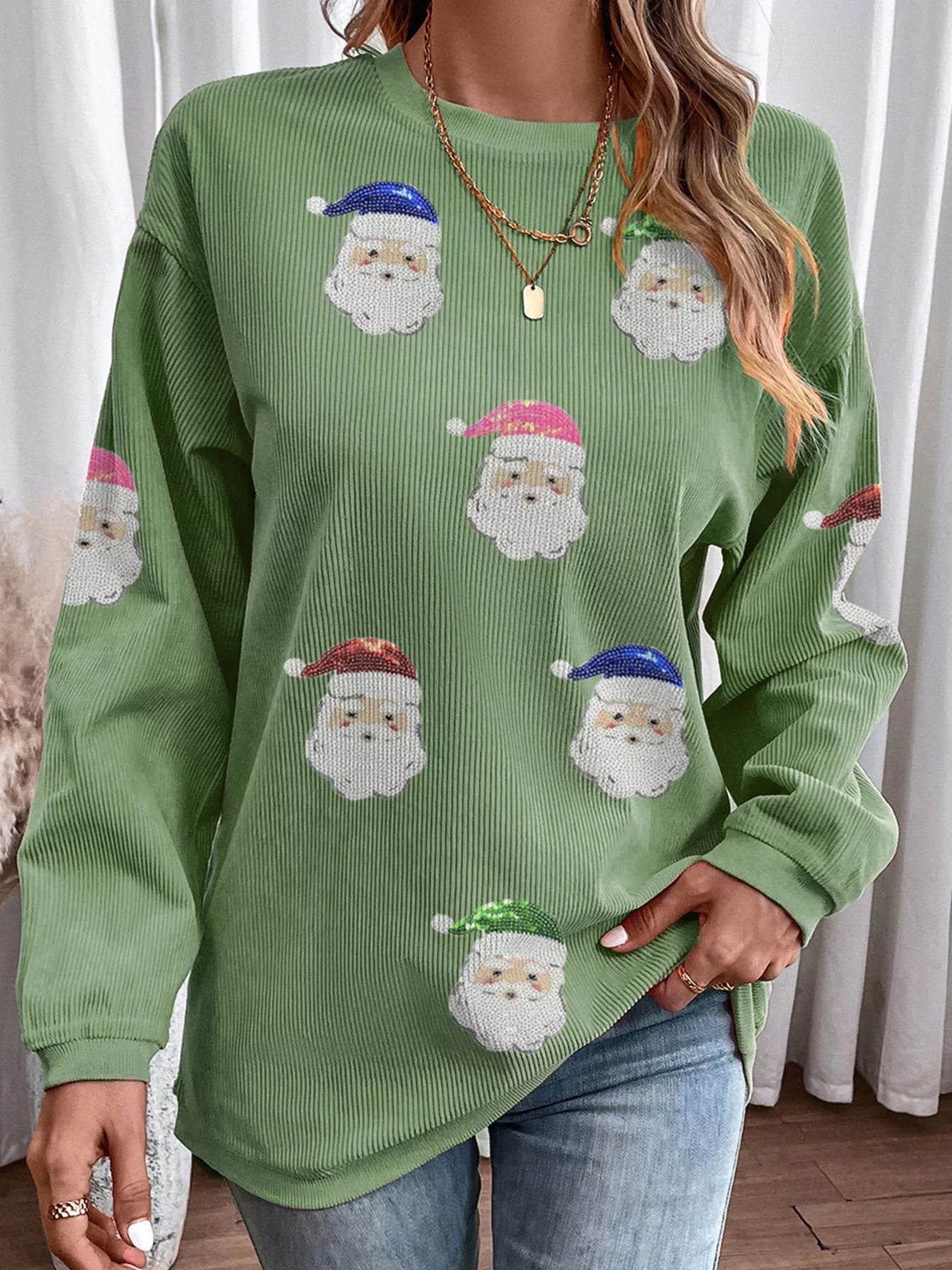 Corded Ribbed Sequin Patched Santa Claus Graphic Sweatshirt 