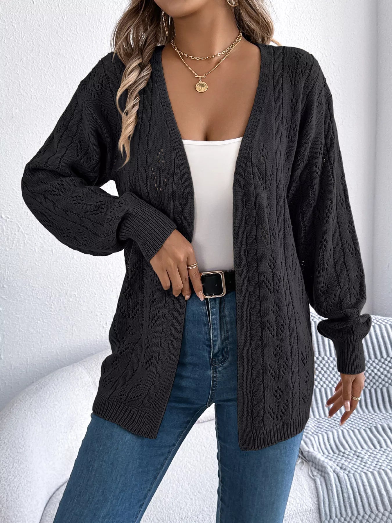 Openwork Open Front Long Sleeve Cardigan 