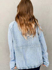 Elastic Edge Collared Zip Up Denim Jacket With Pocket 