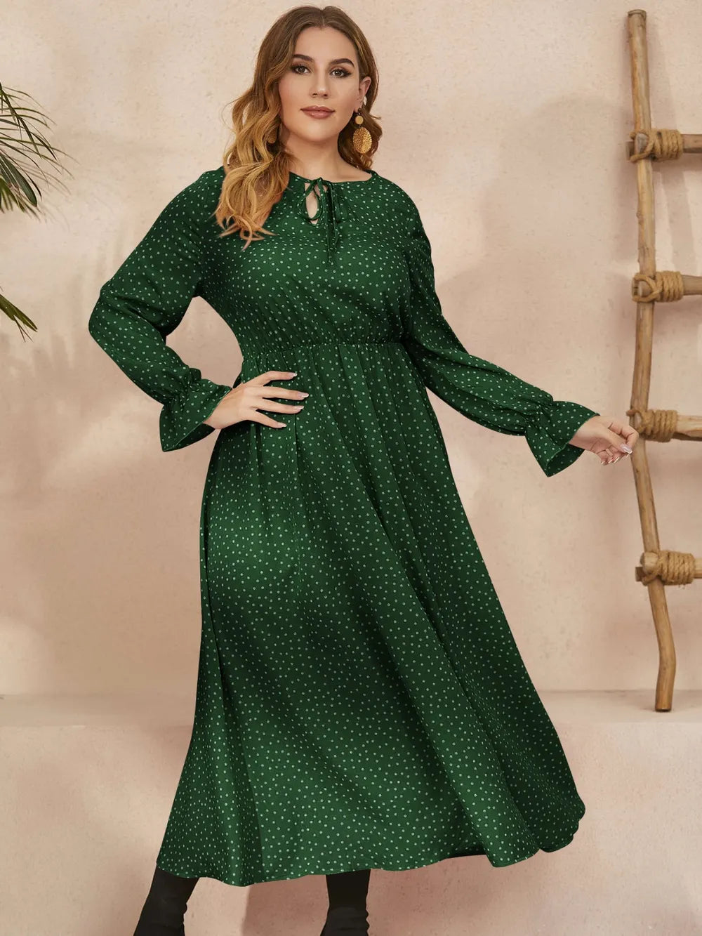 Honey Plus Size Ruffled Polka Dot Long Sleeve Midi Dress 
