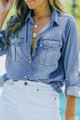 Pocketed Collared Neck Long Sleeve Denim Top 
