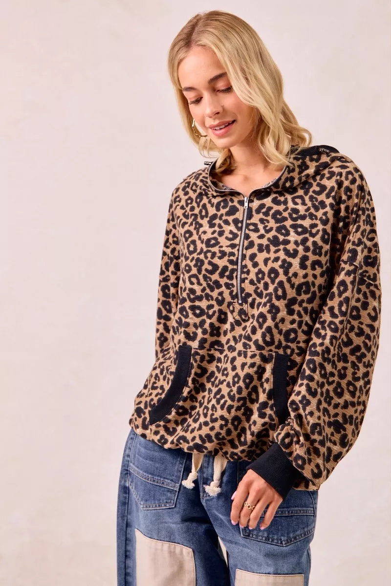 BiBi Leopard Print Waffle Half Zip Up Hoodie W Pocket 