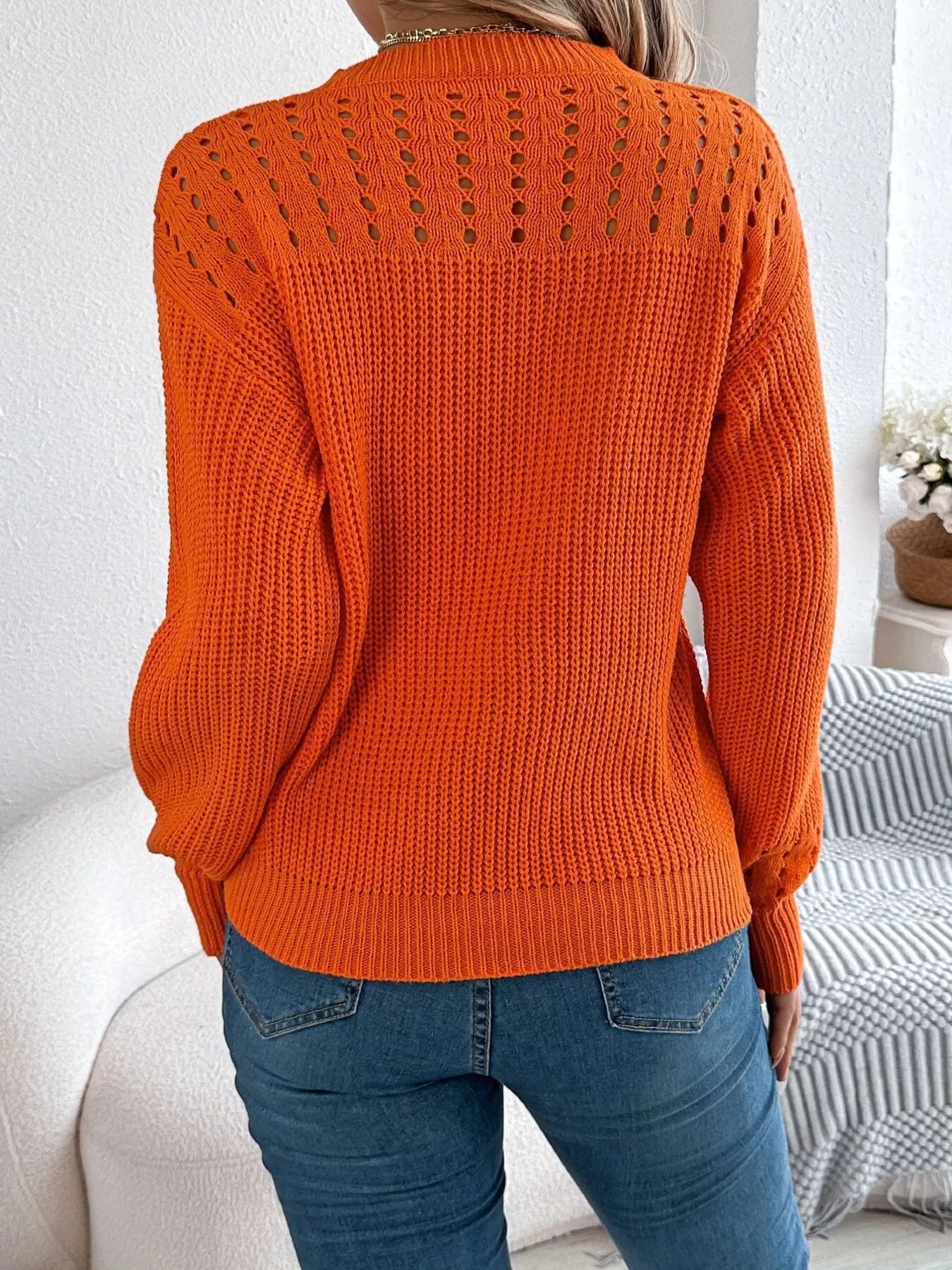 Openwork Round Neck Long Sleeve Sweater 