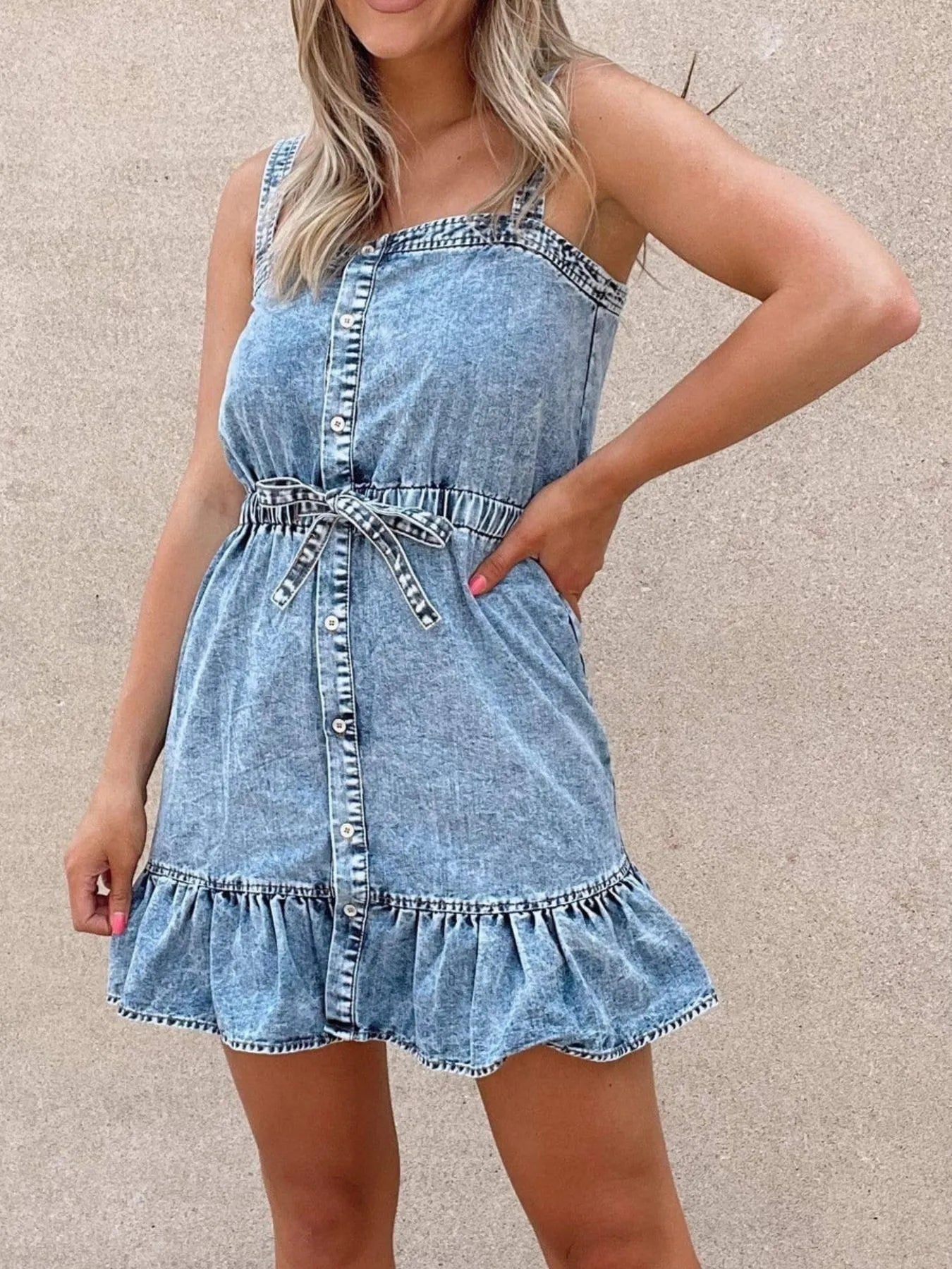 Casual Ruffled Hem Denim Mini Dress with Tie Waist 