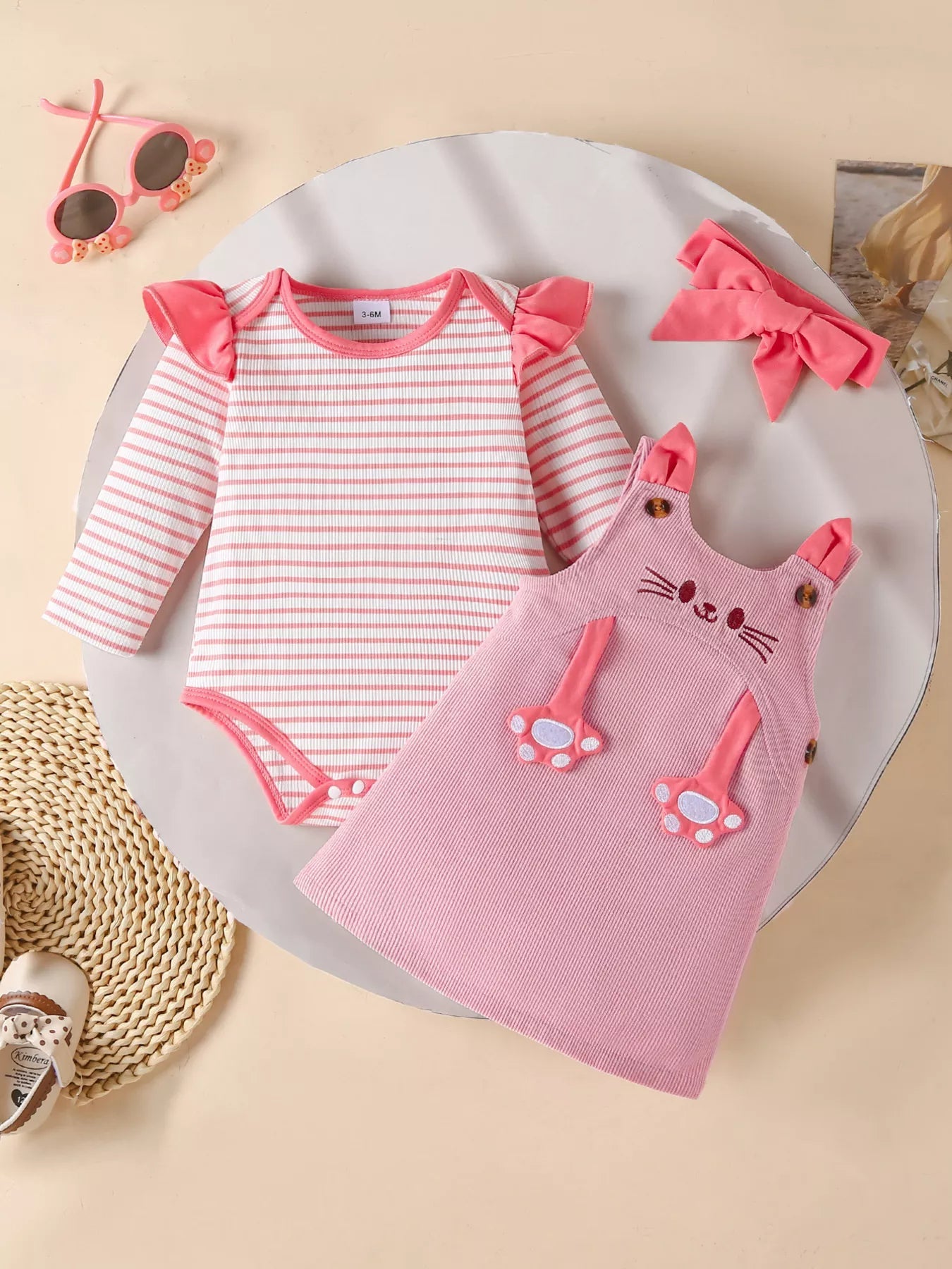 Children's Ruffled Trim Bodysuit and Dress Set with Headband 