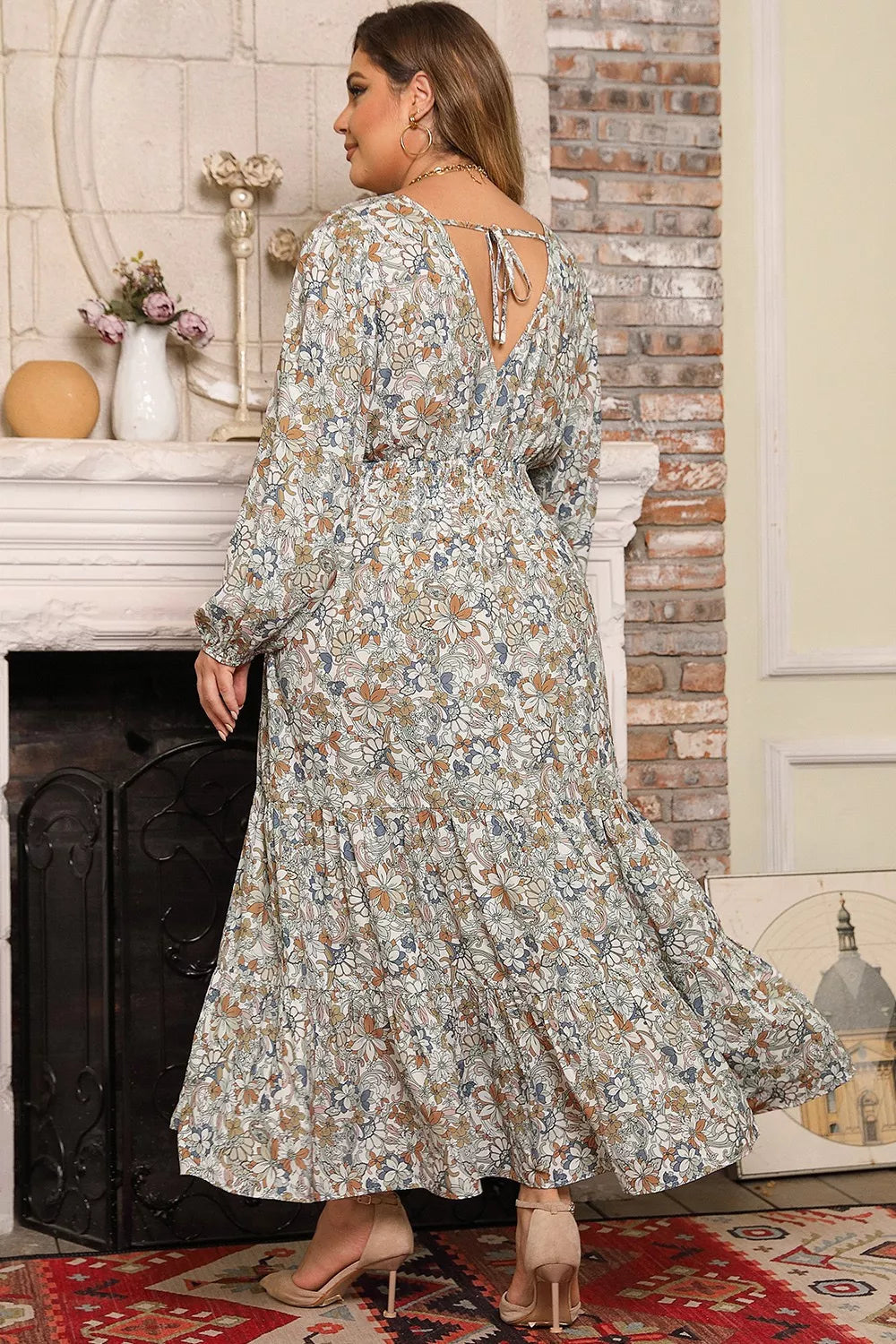 Plus Size Printed Balloon Sleeve Ruffle Hem Dress 