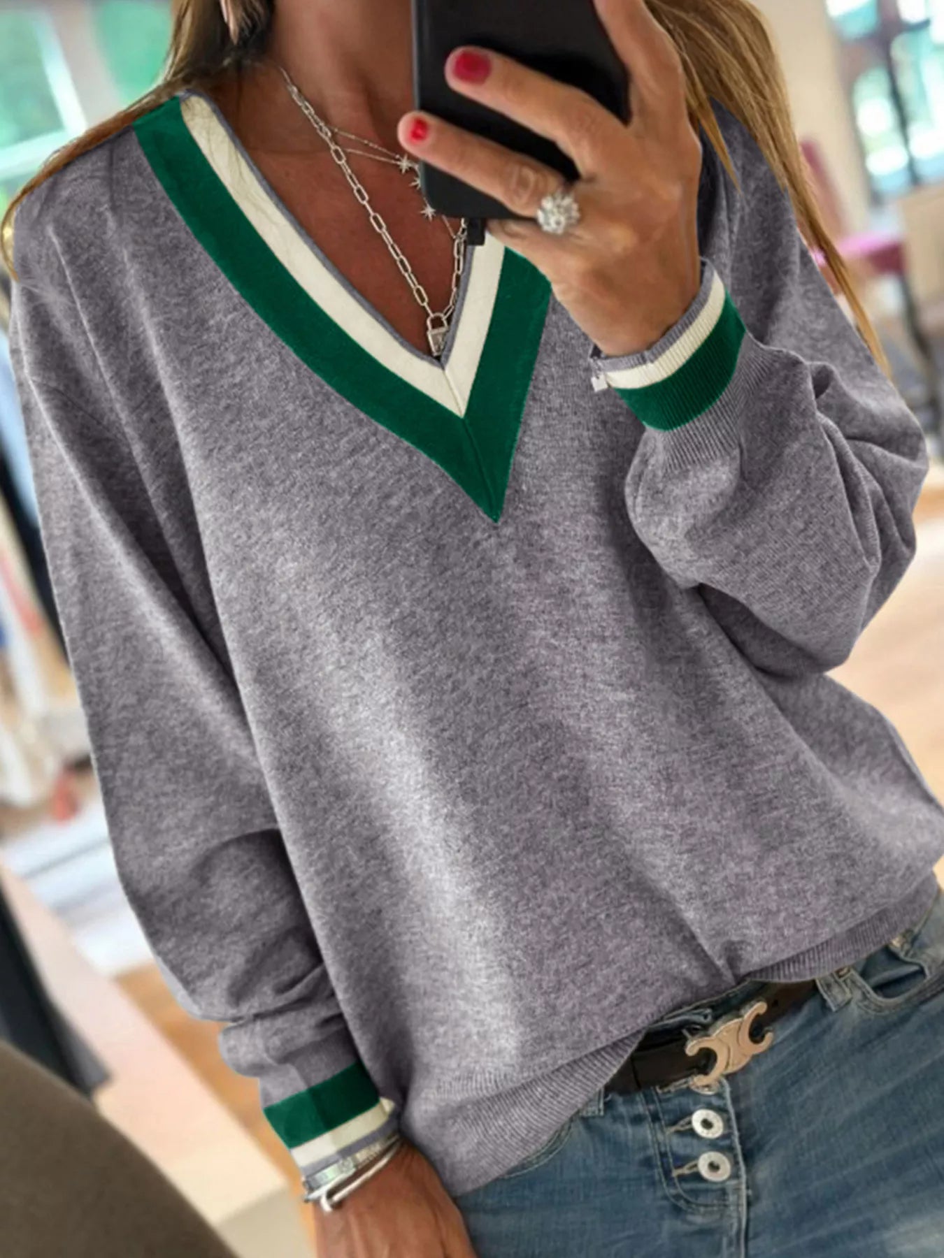 Contrast Striped Trim V Neck Varsity Sweater 