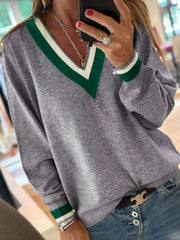 Contrast Striped Trim V Neck Varsity Sweater 
