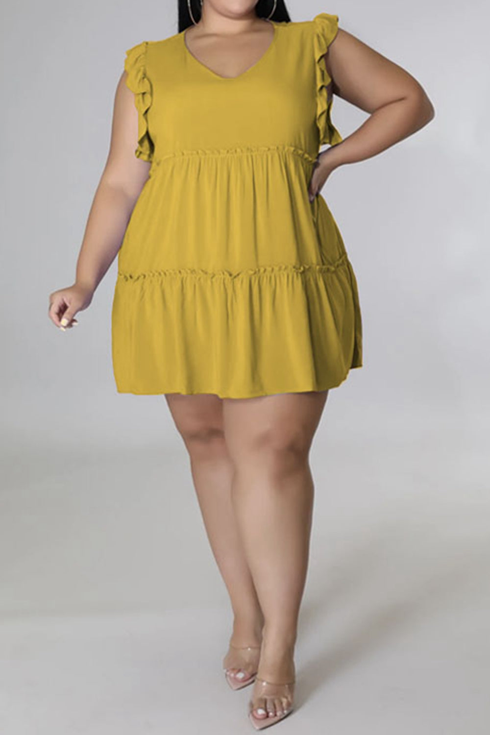 Plus Size V-Neck Frill Trim Mini Dress 