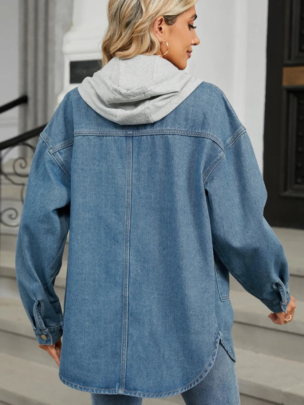 Removable Hood Button Up Long Sleeve Denim Jacket 