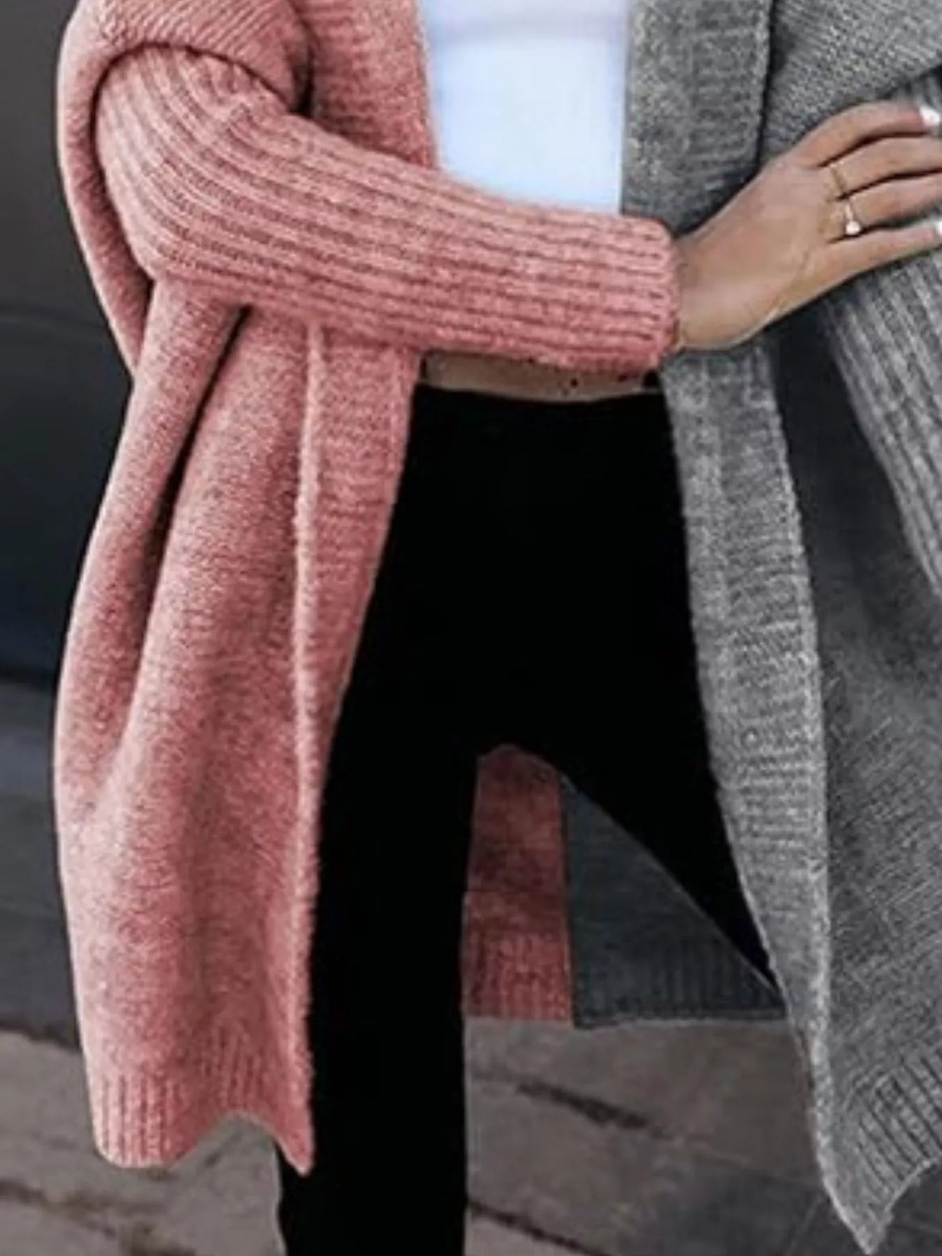 Two-Tone Open Front Knit Hooded Cardigan 