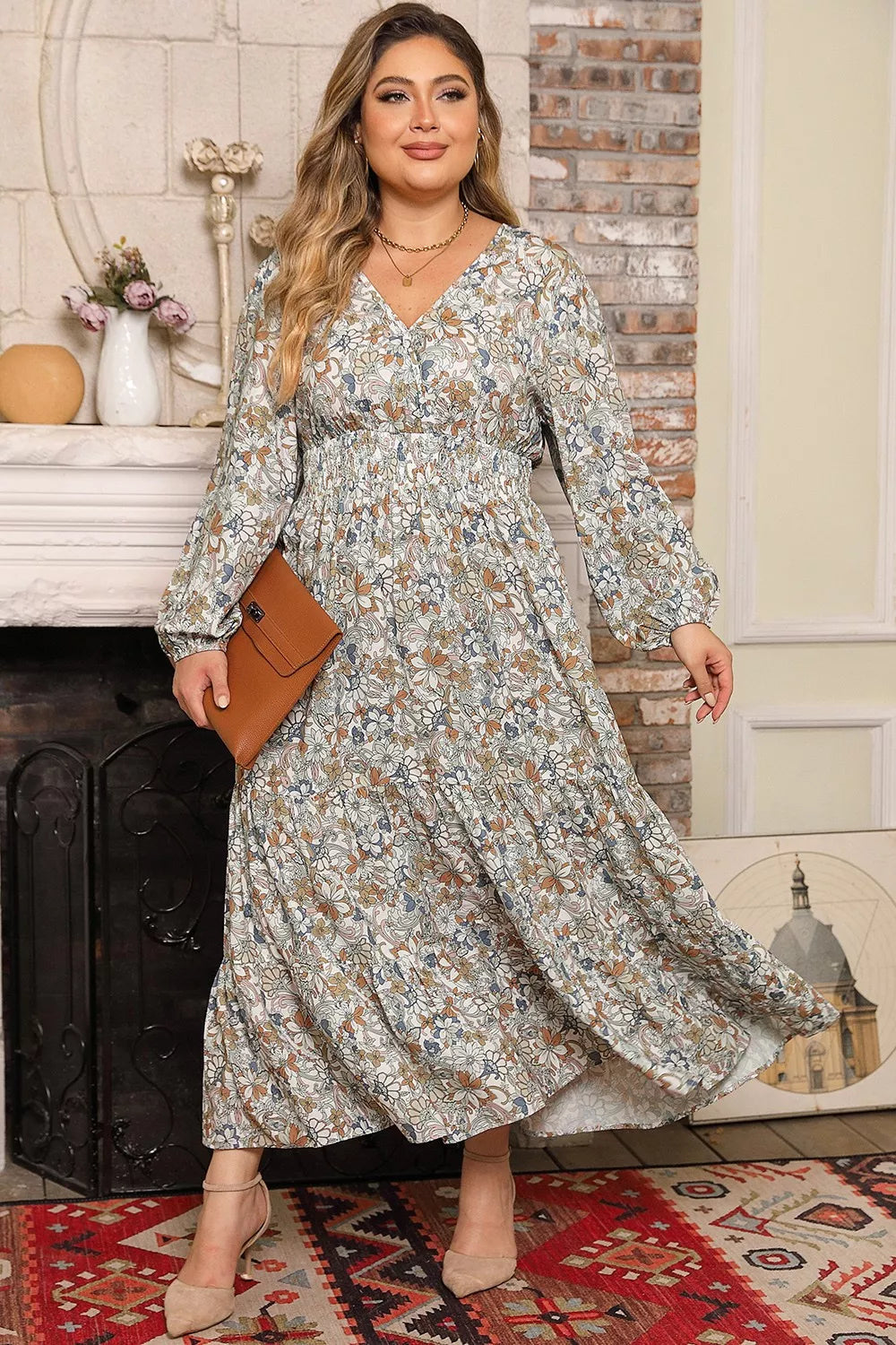 Plus Size Printed Balloon Sleeve Ruffle Hem Dress 