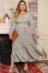 Plus Size Printed Balloon Sleeve Ruffle Hem Dress 