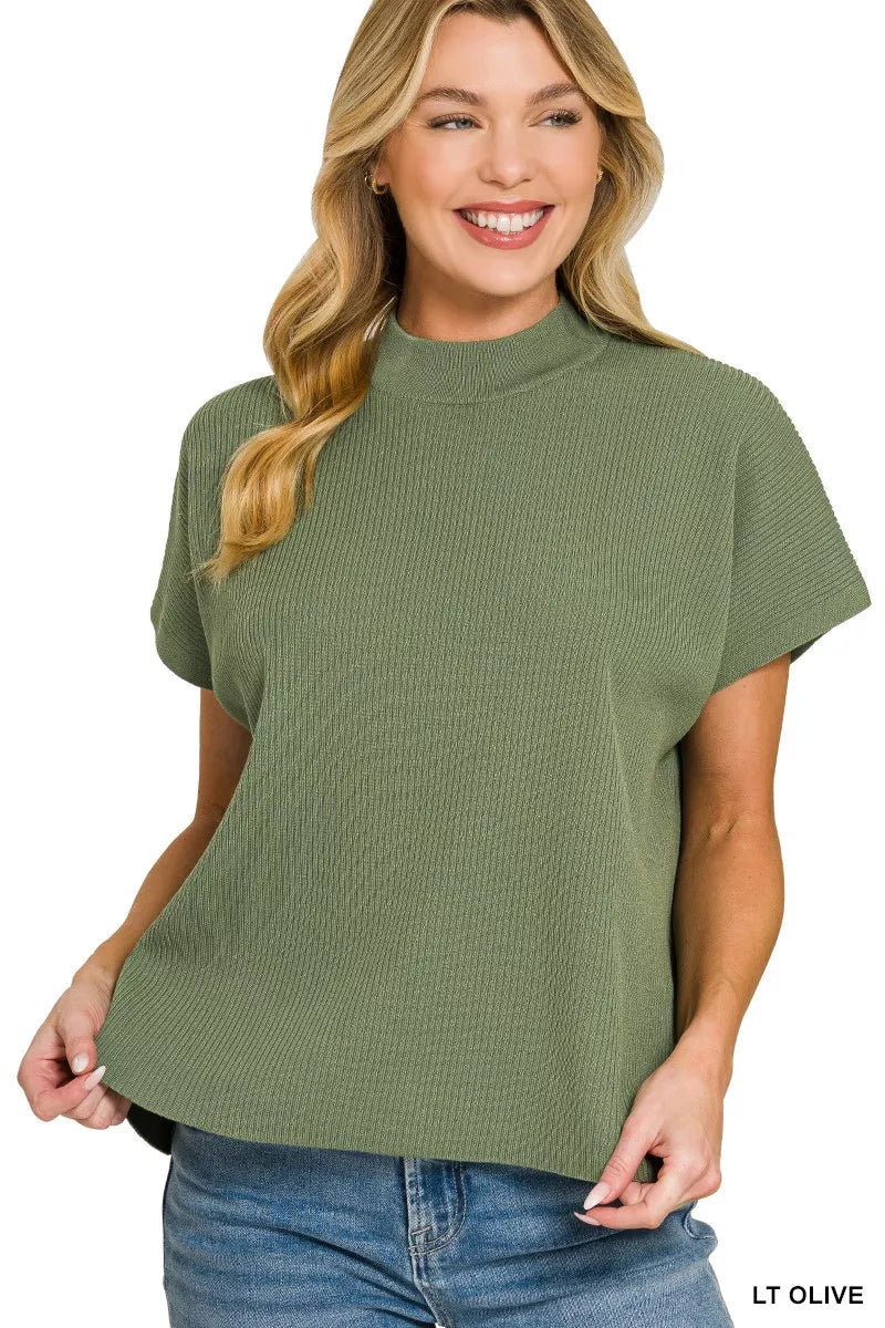 Zenana Viscose Mock Neck Short Sleeve Boxy Sweater 