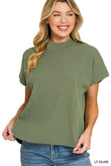 Zenana Viscose Mock Neck Short Sleeve Boxy Sweater 