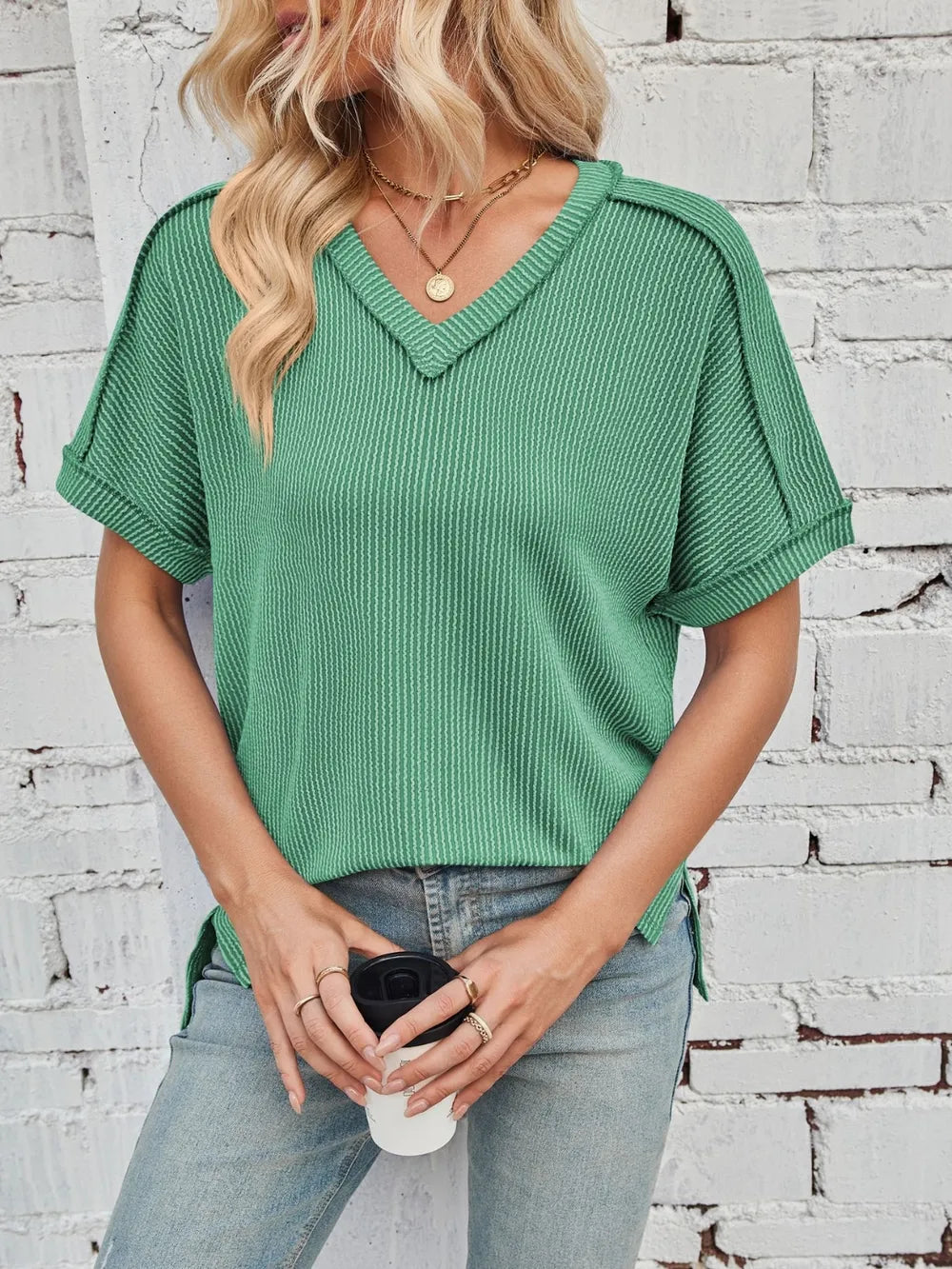 Cord Ribbed V-Neck Short Sleeve T-Shirt 