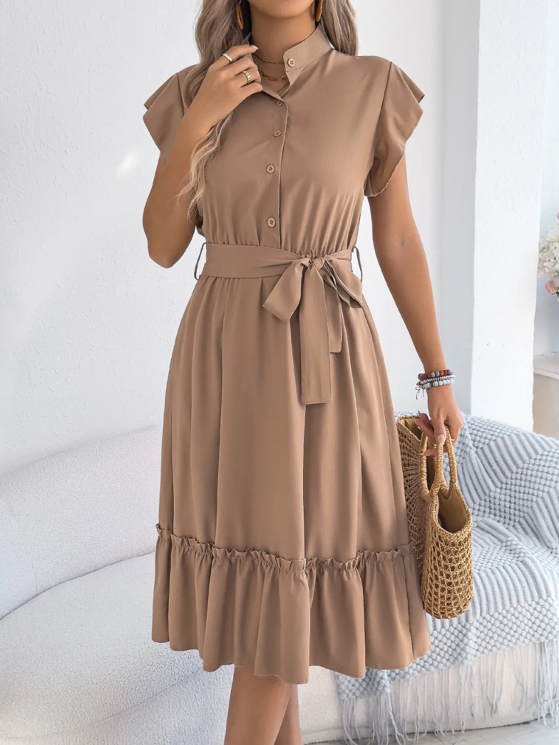 Tie Waist Ruffled Cap Sleeve Dress 