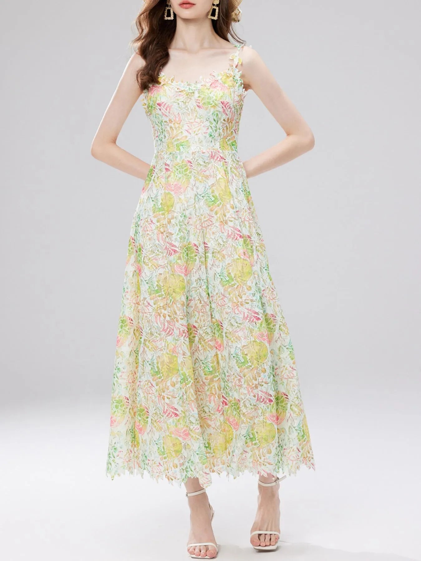Floral Lace Sleeveless V-Neck Midi Dress 