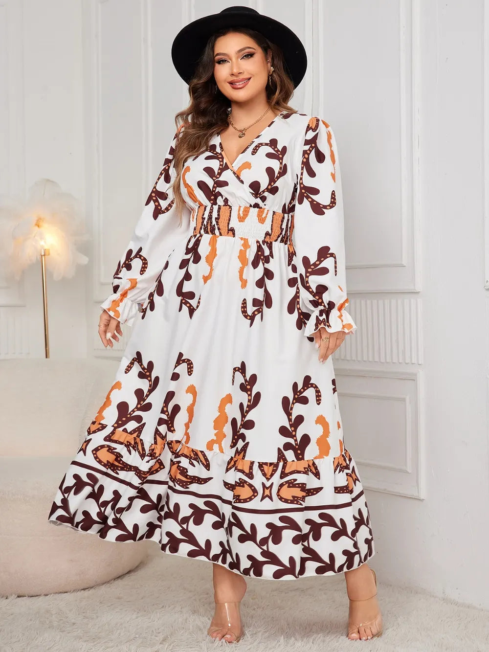 Honey Plus Size Printed Surplice Flounce Sleeve Dress 
