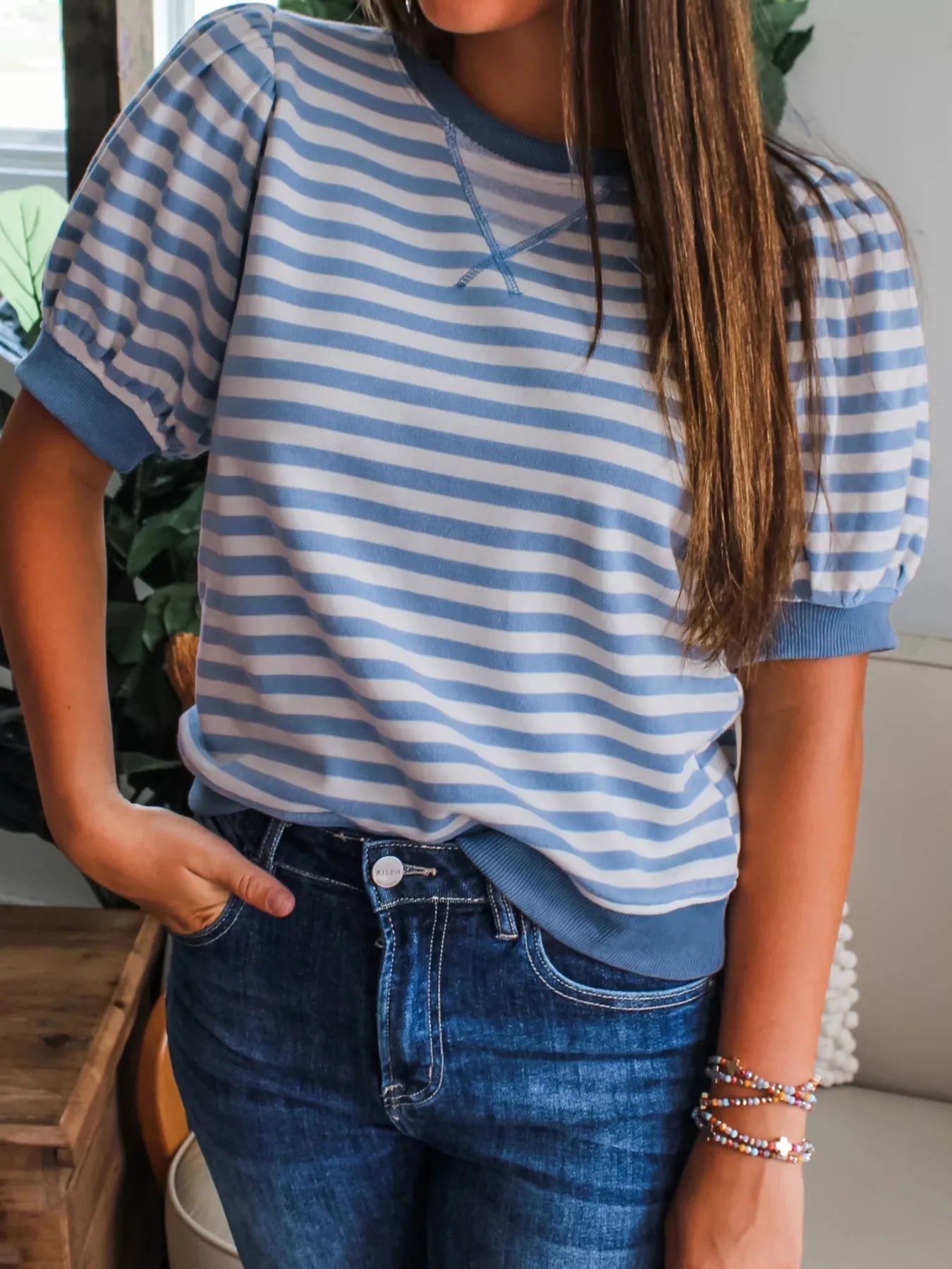Stripe Short Bubble Sleeve T Shirt 