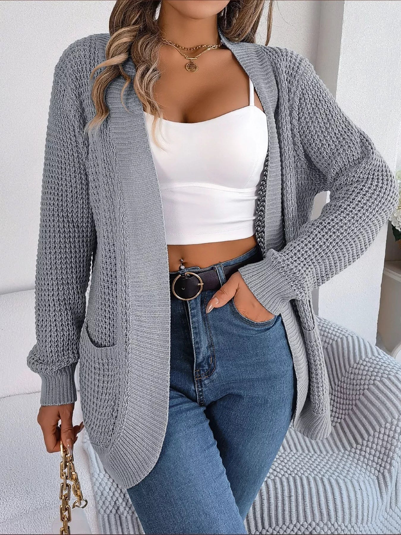 Chunky Knit Open Front Cardigan with Pockets 