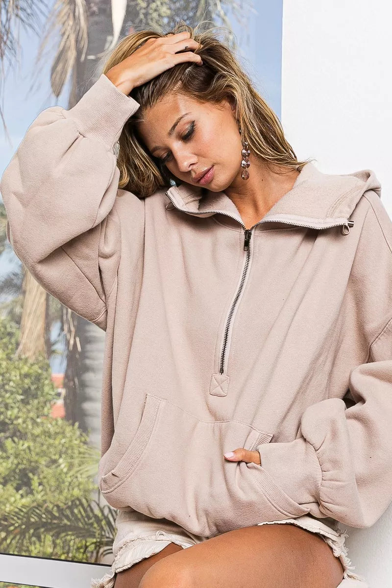 BiBi Stitch Detailed Elastic Hem Half Zip Fleece Hoodie 