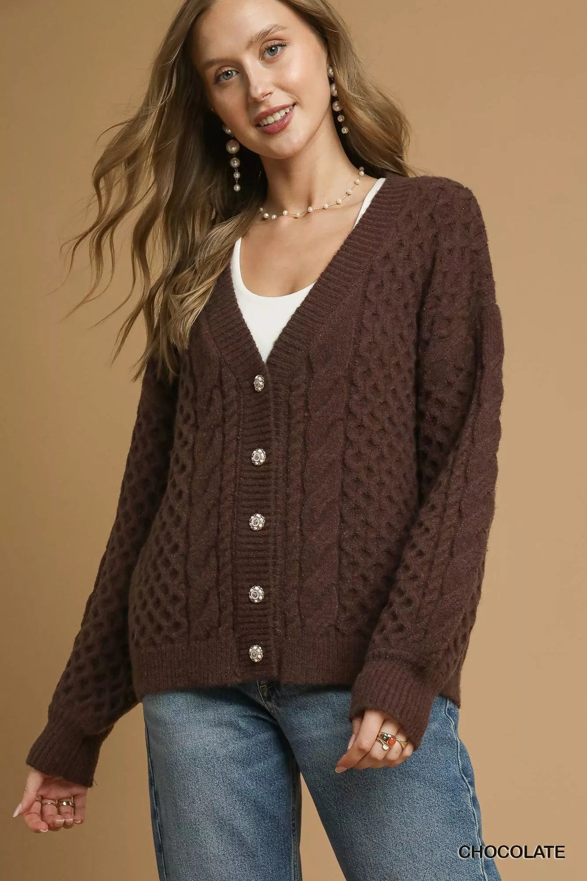 Umgee Cable Knit Pearl Button Cardigan 