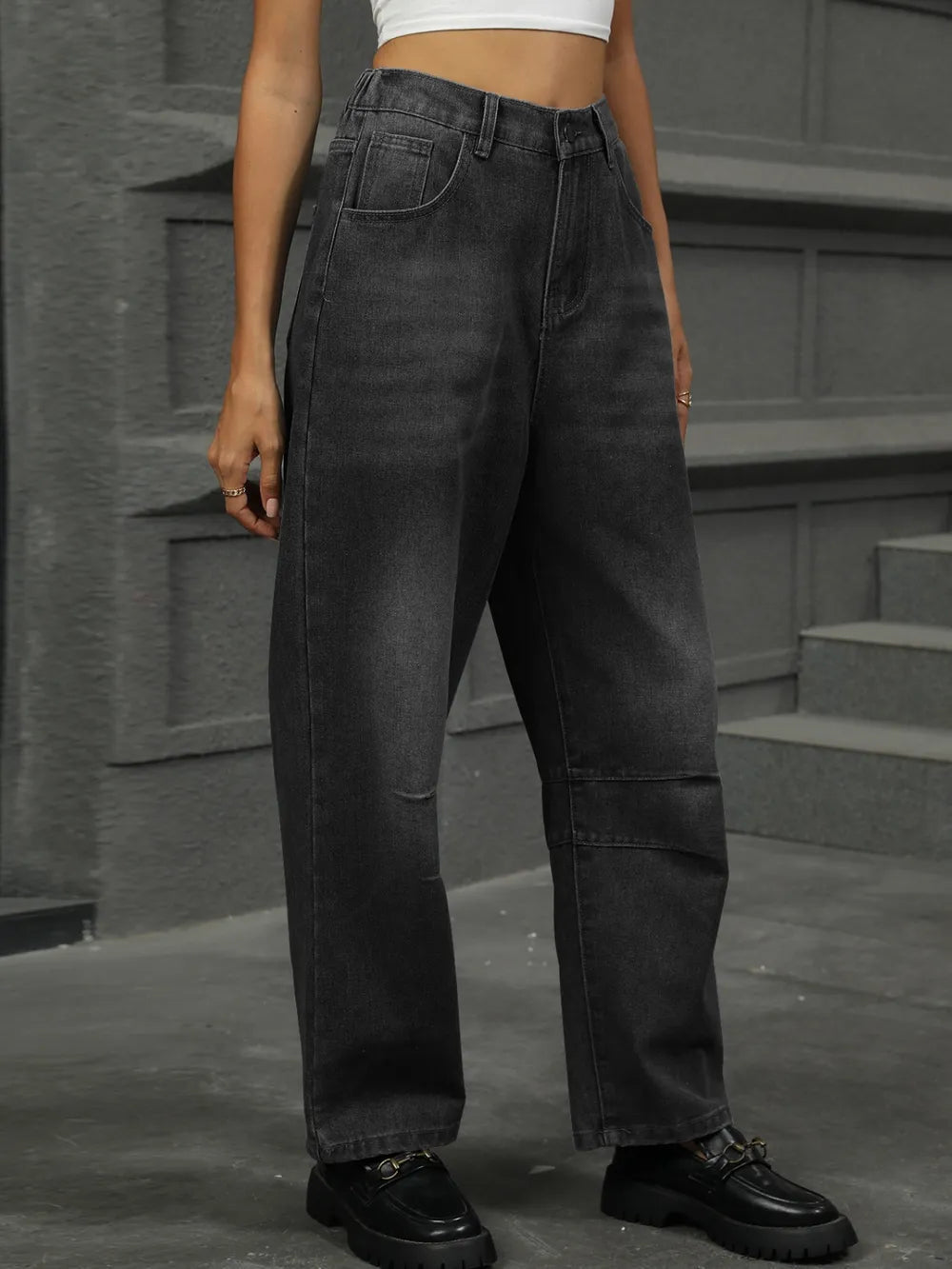 Half Elastic Waist Straight Leg Jeans 
