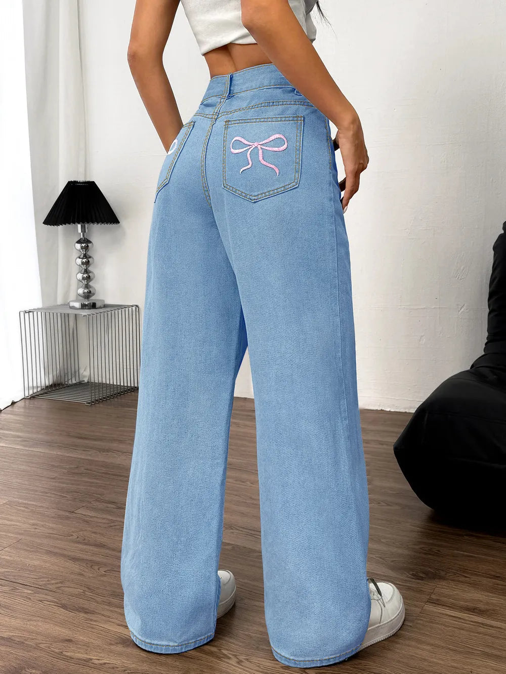 Embroidered Bow Back Wide Leg Jeans 