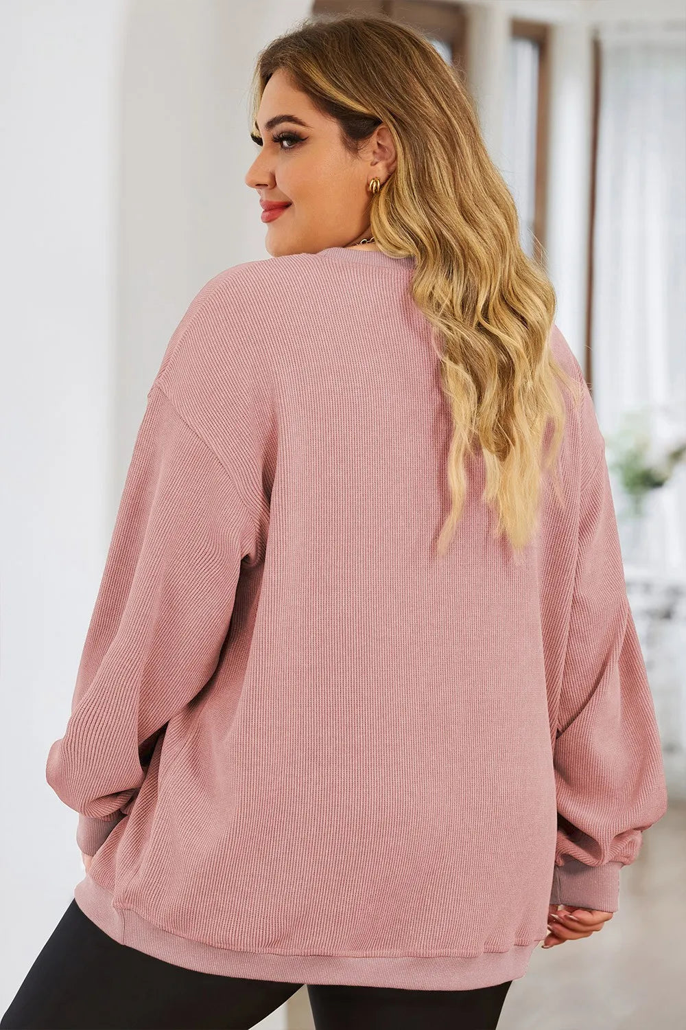 Plus Size Heart Ribbed Round Neck Sweatshirt 