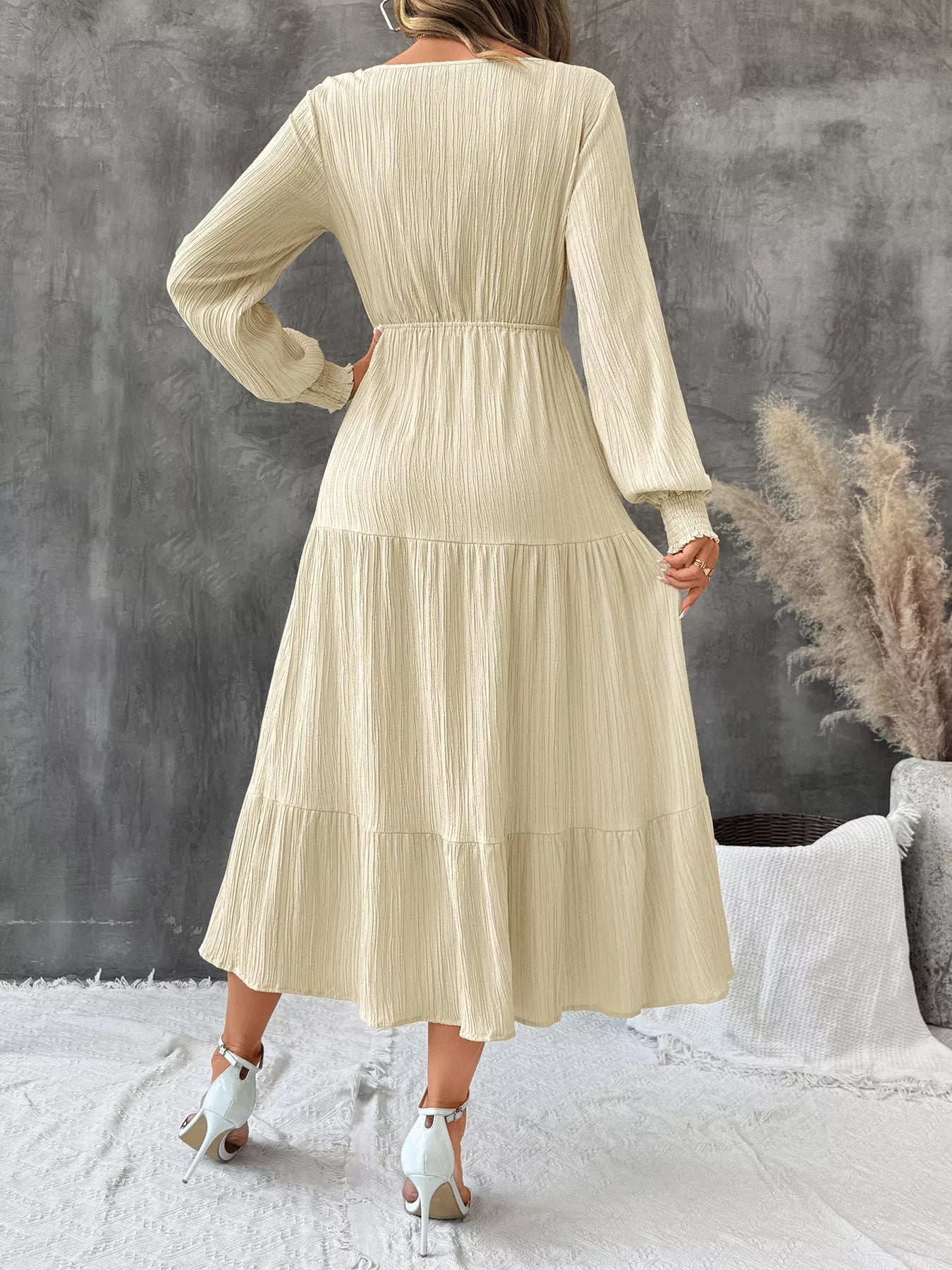 Tiered V-Neck Long Sleeve Dress 