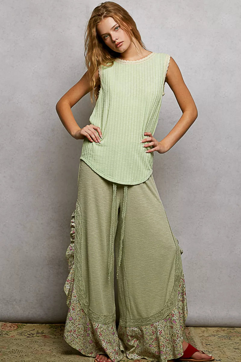 POL Ribbed Round Neck Tank with Lace Trim 