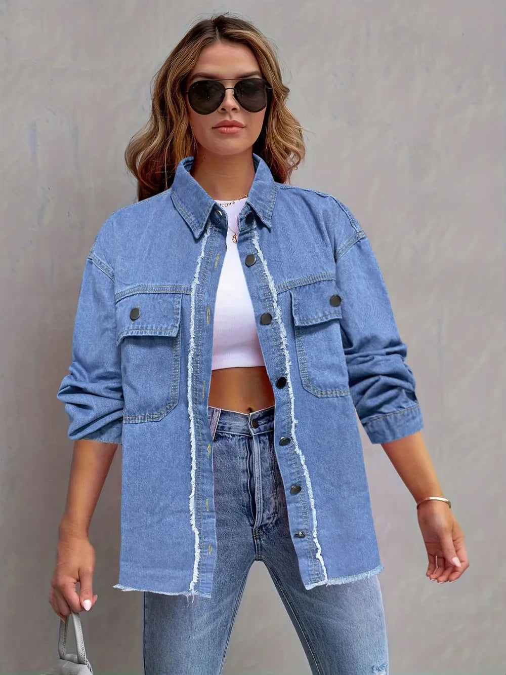 Pocketed Collared Neck Long Sleeve Denim Shirt 