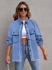 Pocketed Collared Neck Long Sleeve Denim Shirt 