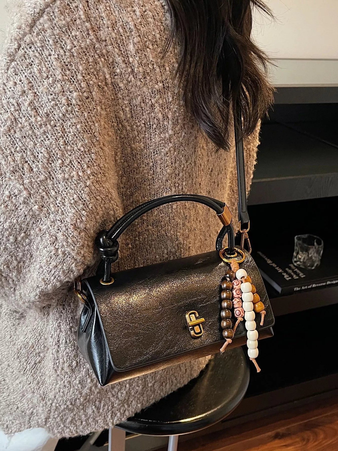 Leather Crossbody Bag with Bead Charm 