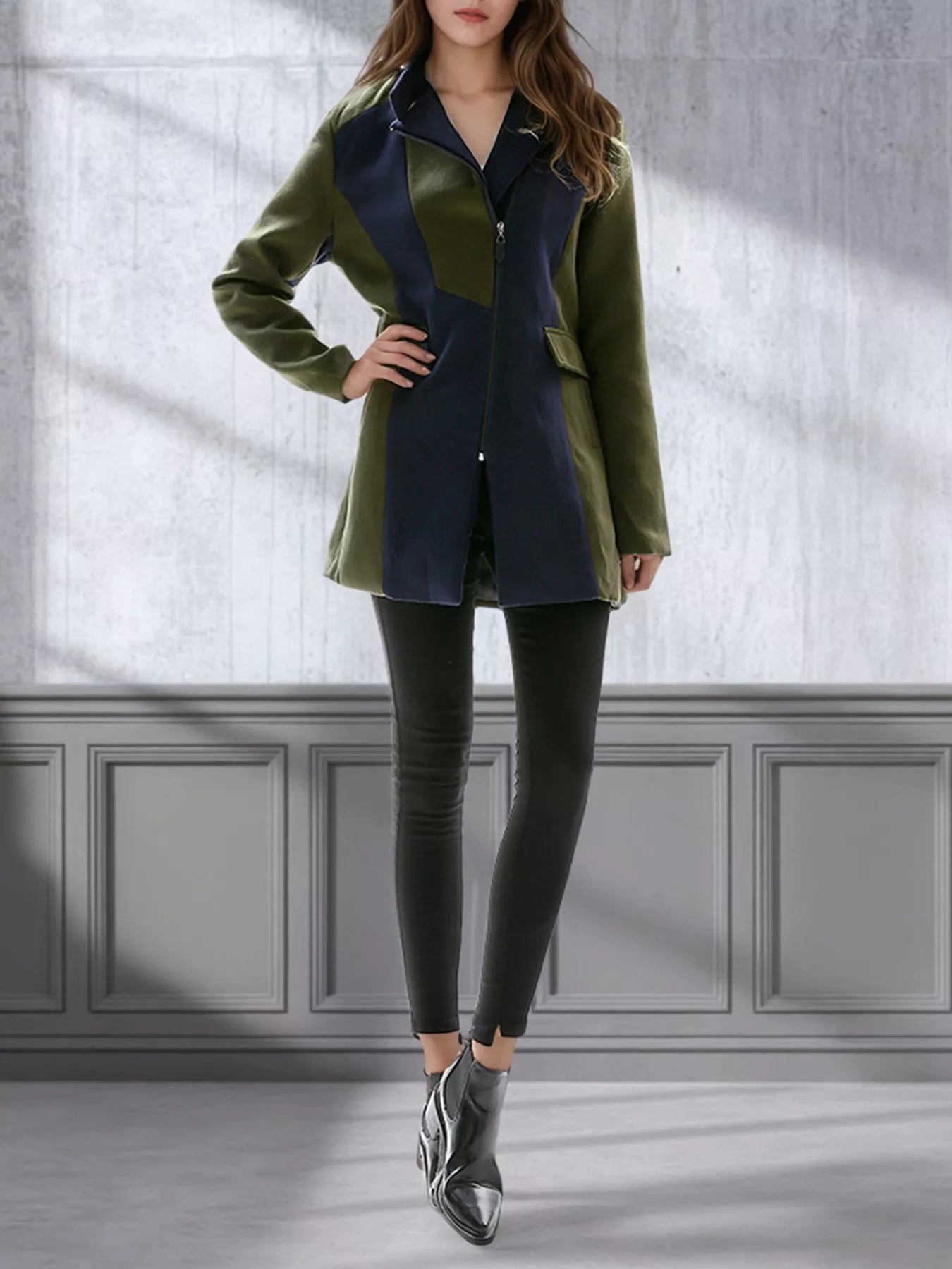 Color Block Zip Up Outerwear 