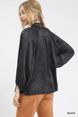 Umgee Crinkle Brocade Long Sleeve Blouse 