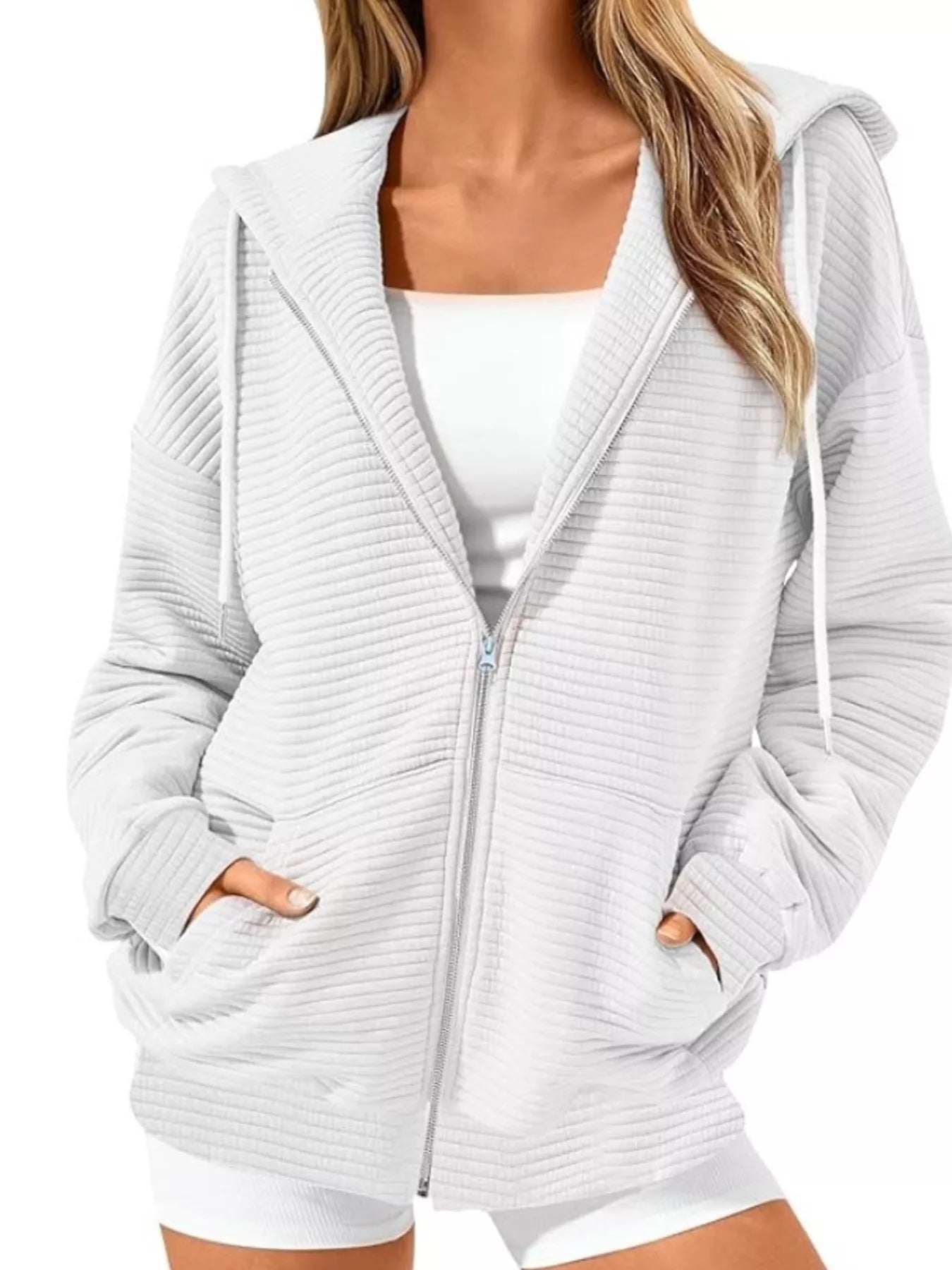Drawstring Zip Up Dropped Shoulder Hoodie 