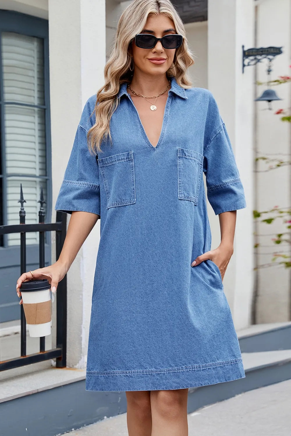 Johnny Collar Half Sleeve Denim Dress 